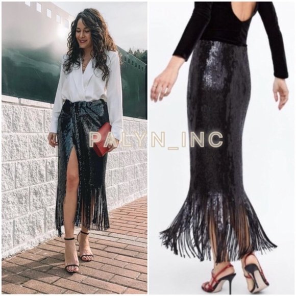 ๐ฅSHOWSTOPPER๐ฅZARA Black Sequin Wrap Fringe Hem Ankle Length Skirt - Picture 16 of 16